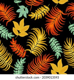 Bright autumn leaves on black background, seamless vector pattern with tropical leaves of palm tree. Botany  background, jungle  wallpaper.