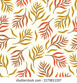 Bright autumn leaves on a branch seamless vector pattern. Hand drawn sketch of a wild or garden plant. Yellow, orange, brown tree branches. Fall botanical backdrop isolated on white. Flat style