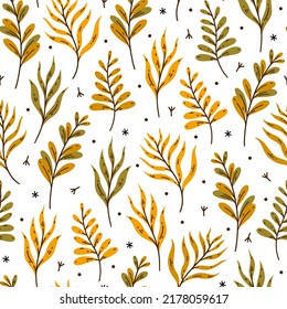 Bright autumn leaves on branches seamless vector pattern. Hand drawn sketch of wild forest, meadow, field plants. Flat cartoon herbs isolated on white background. Fall botanical illustration