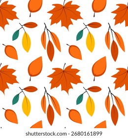 Bright autumn leaves, seamless pattern with orange, yellow and green leaves on a white background for decor, wallpaper and textiles