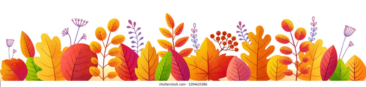 Bright autumn leaves in textured flat style, vector colorful fall foliage border