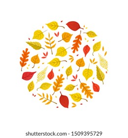 Bright Autumn Leaves of Various Forest Trees Seamless Pattern of Round Shape Vector Illustration