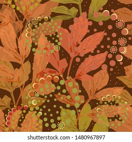 Bright Autumn nature vector seamless pattern. Hand drawn abstract multi colored leaves on dark brown background. Organic template for design, textile, wallpaper, wrapping, ceramics.