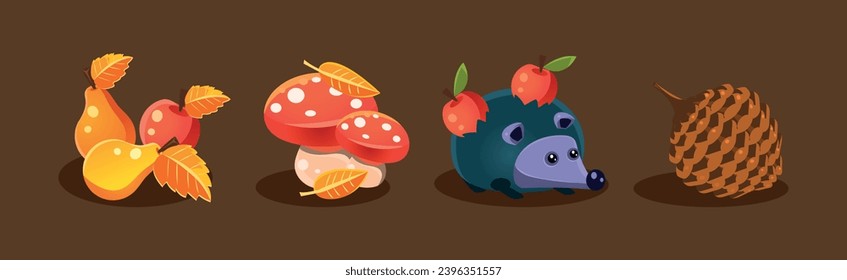 Bright Autumn Object and Elements Isolated on Brown Background Vector Set