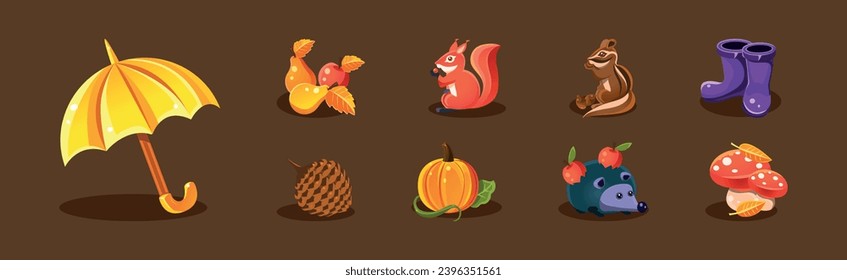 Bright Autumn Object and Elements Isolated on Brown Background Vector Set