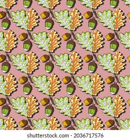 Bright autumn pattern of acorns and oak leaves. Seamless print in yellow, green and brown shades. Great for decorating fabrics, textiles, gift wrapping, printed matter, interiors, advertising.