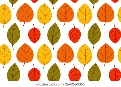 Padrão de outono brilhante com folhas de queda variadas em vermelho, laranja, amarelo e verde sobre fundo branco. Ideal para impressões e embalagens sazonais