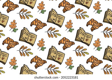 A bright autumn pattern consisting of elements: leaves, a bookdiary and a croissant. Vector EPS 10.