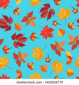 Bright autumn pattern on blue background. Vector fall illustration