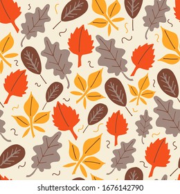 Helles Herbstmuster aus verschiedenen Blättern, der Sonne, Wolken und Regenschirmen. Erschafft eine Atmosphäre des Komforts und der Wärme. Doodle-Stil. Geeignet für den Druck auf Schreibwaren, Textilien und Dekoration.