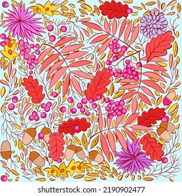Bright autumn pattern with various leaves, flowers, berries, branches and acorns on light blue backgrround.