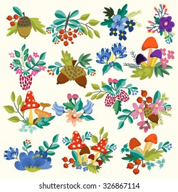 Bright autumn plants vector set in wonderful colors.