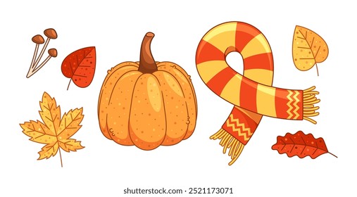 Bright Autumn Pumpkin, Leaves, And A Striped Scarf. The Warm Color Palette Evokes The Cozy, Festive Atmosphere Of Season