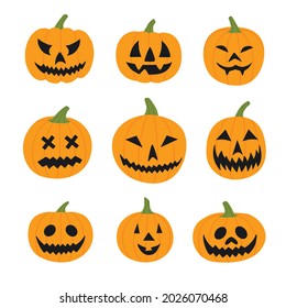 A bright autumn pumpkin set with creepy grimaces for creating scary illustrations, patterns, printing on packaging, fabric, postcards, banners, etc. A set of pumpkins for Halloween.