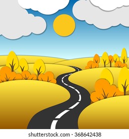 Bright autumn rural cartoon landscape with road, fields and hills