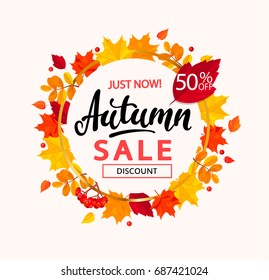 Bright autumn sale banner in circle frame from autumn leaves. Vector illustration.