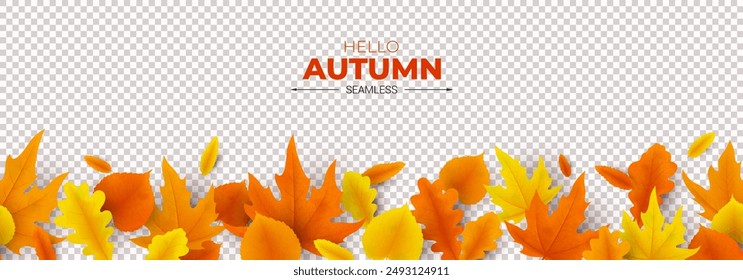 Bright autumn seamless background. Vector illustration with colorful leaves isolated on checkered background. Bright autumn banner for decoration seasonal discount offer, advertising, social media.
