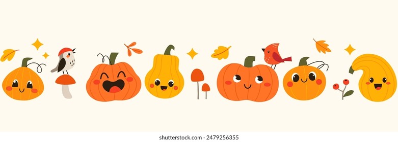 Bright autumn seamless border with cute funny pumpkins, birds and leaves on white background.