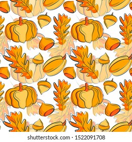 Bright autumn seamless flat pattern. Hand drawn thanksgiving day elements repeated on the background