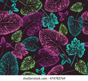 Bright autumn. Seamless handcrafted pattern with autumn leaves. Vector grunge leaves. Autumn background. Vector seamless pattern. Print fabric, Wrapping paper pattern. Leaf stamp on black background