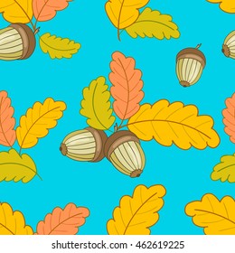 Bright autumn seamless pattern with colorful oak leaves and acorns on a blue  background.Vector illustration.