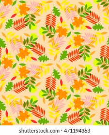 Bright autumn seamless pattern with colorful leaves, print for fabric, wallpaper, curtains, posters. Vector EPS 8
