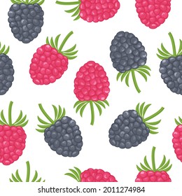 A bright autumn seamless pattern consisting of juicy ripe strawberries, raspberries, blackberries of red and black color. Berry pattern vector illustration