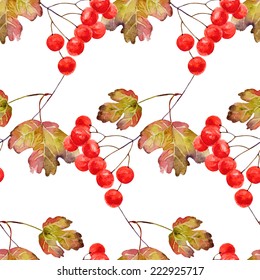 Bright autumn seamless pattern with gold leaves and berries of viburnum. Vector illustration