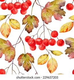 Bright autumn seamless pattern with gold leaves and berries of viburnum. Vector illustration