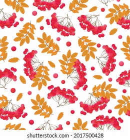 A bright autumn seamless pattern with the image of ripe red rowan berries with yellowed autumn leaves. Autumn rowan pattern for the print. Vector illustration on a white background