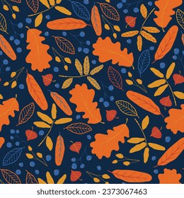 Bright autumn seamless pattern. Leaves, twigs, berries autumn fall. Beautiful autumn. Vector illustration