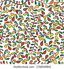 Bright autumn seamless pattern on a white background. Tree branches and colorful leaves - yellow, orange,green, brown, red. Defoliation. Drawing with a brush. Wrapping paper