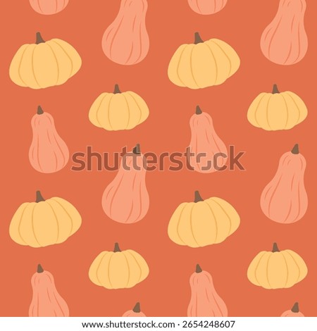Bright autumn seamless pattern with orange pumpkins and squash on a terra cotta background. Hand-drawn vector design for fall holidays, cozy textile, and thanksgiving products.