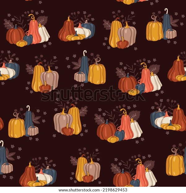 Bright autumn seamless pattern from pumpkins\
on a dark background. Pumpkins. Autumn. Thanksgiving. Halloween.\
Bright colors. Vector\
illustration