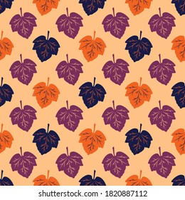 Bright autumn seamless pattern. Vector illustration with colorful leaves on beige background. Great for use as decoration thematic backdrops, banners, cards, prints, textiles, fabric, other creatives.