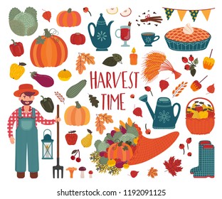 Сute bright autumn set. Decoration of fall season. These elements are perfect for scrapbooking paper, decoration of themed seasonal postcards and also for the harvest festival decoration.