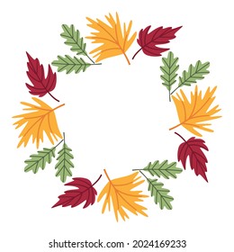 Bright autumn traditional round frame with colorful fallen leaves. Floral decorative wreath for Thanksgiving, harvest day, Halloween, seasonal holiday. Clipart, element, object, item for design