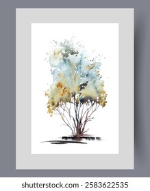 Bright autumn tree with lush crown on thin stems on wall art. Watercolor artwork. Print with beautiful tree with foliage changing color before autumn, in frame with decor for poster