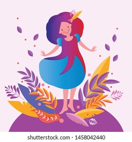 Bright autumn vector illustration. Happy girl walking and dancing in the autumn in the forest among the autumn leaves. Bright, cheerful colors. Stylized leaves and herbs in orange, purple, lilac, pink