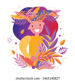 Bright autumn vector illustration. Happy girl walking in the autumn in the forest among the autumn leaves. Bright, cheerful colors. Stylized leaves and herbs in orange, purple, lilac, pink.