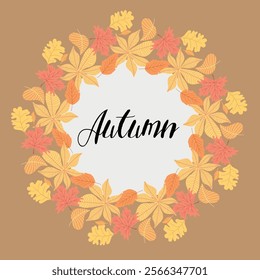 Bright autumn wreath of orange and yellow leaves, celebrating fall foliage. Ideal for Thanksgiving, seasonal invitations, or nature-inspired decor.