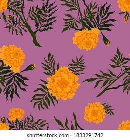 Bright autumnal floral pattern with marigolds on orchid background 