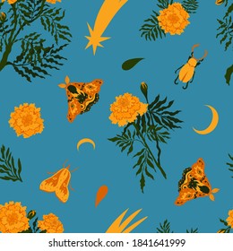 Bright autumnal floral pattern with marigolds, insects, moons and comets on blue background