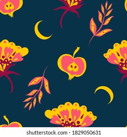 Bright autumnal pattern with flowers, twigs, little apples and moons on dark blue background