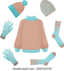a bright autumn-winter set featuring warm clothes, such as a sweater,socks, gloves and hats. Warm clothes for walking in cold weather. Fashion set, vector illustration isolated on a white background