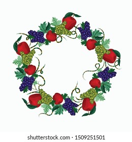 Bright, avant-garde, decorative wreath of fruits. Apples and grapes. Template for design.
Healthy food advertising. Vegetarian products. Vector graphics. Isolated image.