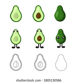 Bright avocado with cute cartoon eyes and legs in flat style isolated on white background. Citrus vegetarianism and nutrition.
 Stock vector illustration for decoration and design.