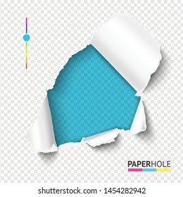 Bright Azure Torn Paper Hole With Ripped Edge On Blank Transparent Background For Sale Banner To Reveal Your Message. Vector Illustration