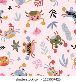 Bright baby fabric design with crabs and sea plants on the pink background. Sea repeated print for kids design. Vector seamless pattern.