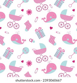 Bright baby girl seamless pattern with cute newborn elements